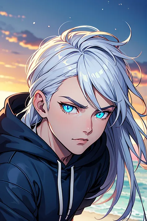 anime cute boy 18 years, clean design, intricate details, (glowing blue eyes), ((light eyes)), white faded hair, hoodie, side profile, leaning looking at view, aggressive look, 8k resolution
