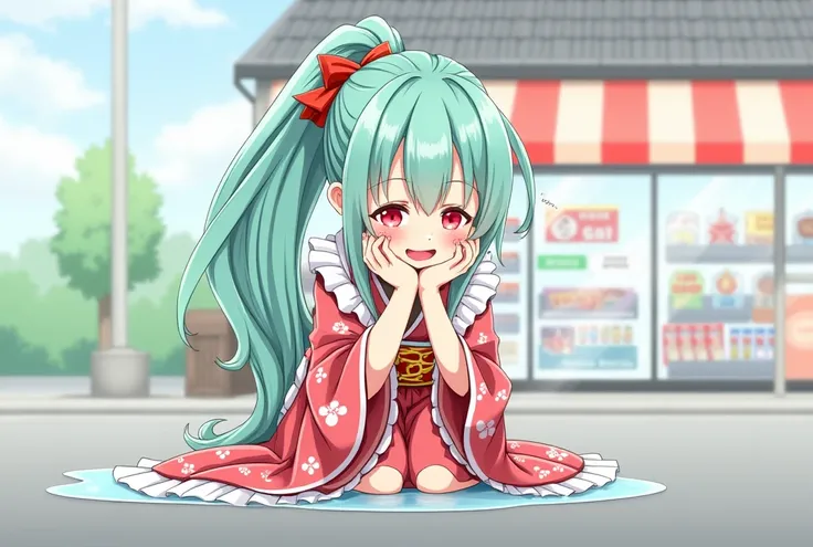 Woman with mint colored hair, long ponytail, Japanese style hair ornament, red and white kimono dress, the color of her eyes is pink, crying and laughing, mini character illustration of crouching and drowning in front of a convenience store