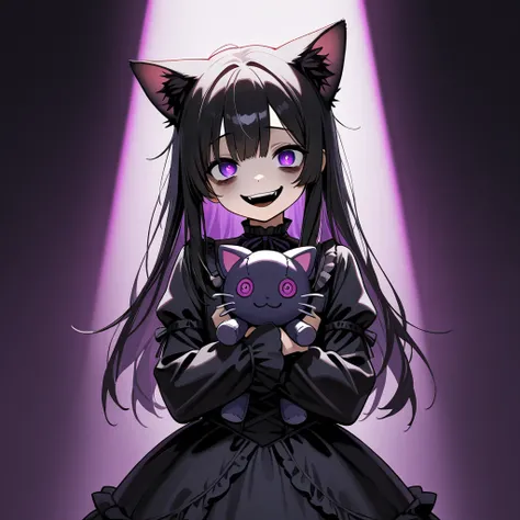  top quality,  Masterpiece,  high resolution,  high detail,  textured skin,  little character, 1girl , black hair,cat ears,Crazy purple eyes  ,bugs under eyes,crazy smile,gothic dress, holding plush toy