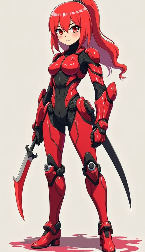 Japanese animation art. A futuristic girl ninja made of translucent crimson slime stands proudly, wearing a suit of robotic armor. It holds a kunai in one hand, exuding confidence and strength. Its gentle smile adds warmth to its determined presence, creat...