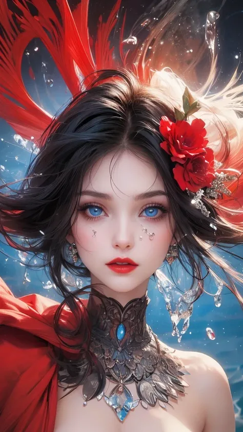  close-up of a beautiful woman's face ,  bewitching expression,  SHARP FACE ,  blue eyes, red lips,  majestic artistic look , water pouring on her face ,  Super Detail,  perfect composition as Il