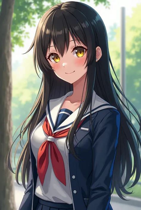 A girl in anime style,she is a young girl about 19 years old,she has a perfect body,she has perfect face,she wear school uniform,she tall,she has a long black hair,yellow eyes,beautiful eyes,glow,friendly smile,plump body,full body