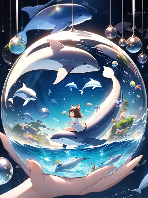   squirrel ears and tail 、hand、feet、Shining Girl、    little character 、   SD character  、playing、Bob、 beautiful amazing space  、   digital art 、 Crisp image quality、 beautiful ocean in a glass sphere、Whales、Dolphin