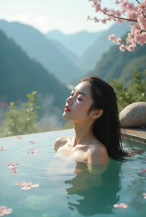 Cute girl 20 years old in a mountain side hot spring