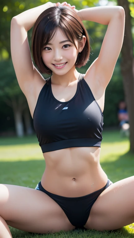 a girl with short hair and innocent face, grin, detailed facial features, ultra realistic skin with toned abs,wearing gym clothes with undersized bloomers,stretching exercise in the park with some people,spread legs,sweaty,ultra-detailed, photorealistic, 8...