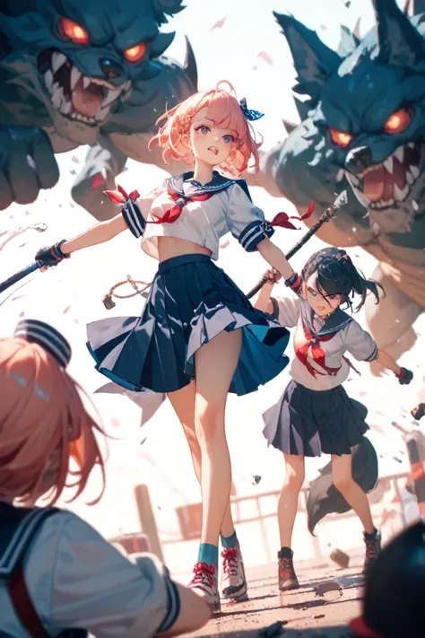 Three girls in sailor uniforms are fighting a dog-like monster in a magical world