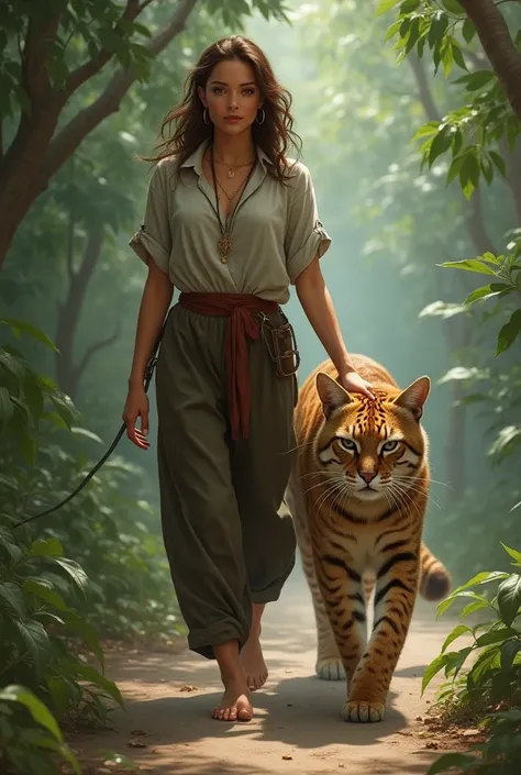 A woman walks with a big cat