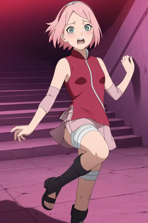 masterpiece, best quality, absurdres, highres, source anime, very aesthetic, BREAK, anime coloring, anime screencap, 
1girl, sakura_haruno, sakura(boruto), green eyes, pink hair, short hair, small breasts,
sleeveless, red zipper minidress, pink miniskirt, ...