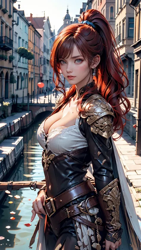 (8k,  RAW Photo ,  top quality,  Masterpiece:1.2), ( is present, photo- is present:1.4), ( Extremely High Definition CG Unity 8K Wallpaper), [Woman wearing armor (Rogue:1.1) Woman in Gold  ( Leather Armor:1.3), Patchwork Worn Armor, ( mess up in the canal ...