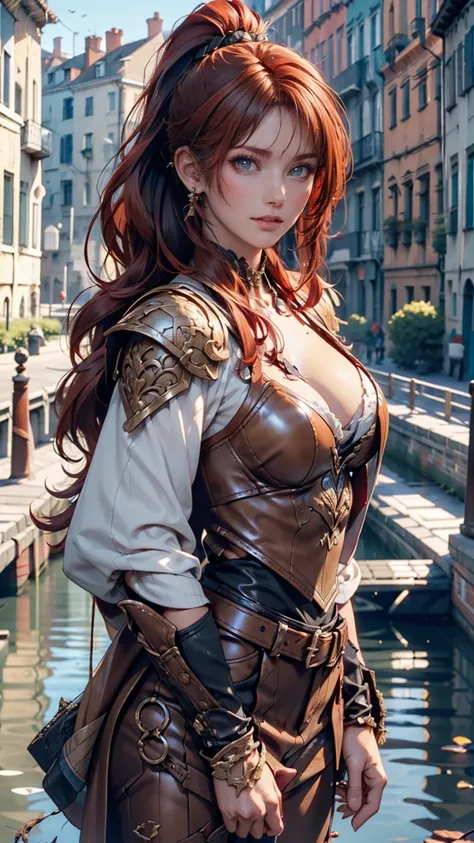 (8k,  RAW Photo ,  top quality,  Masterpiece:1.2), ( is present, photo- is present:1.4), ( Extremely High Definition CG Unity 8K Wallpaper), [Woman wearing armor (Rogue:1.1) Woman in Gold  ( Leather Armor:1.3), Patchwork Worn Armor, ( mess up in the canal ...