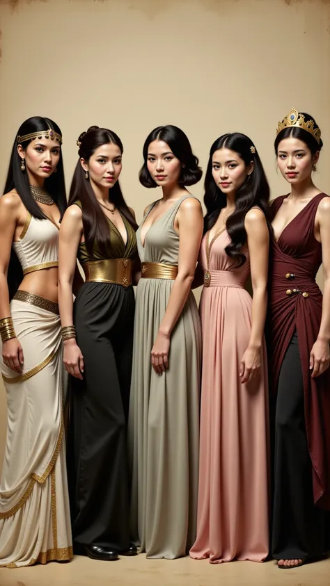 A beautifully staged artwork showcasing five women from different historical periods standing side by side. Cleopatra, a Spartan, a Roman, a Chinese woman, and a Medieval European are depicted with their respective makeup styles. A faded historical parchme...