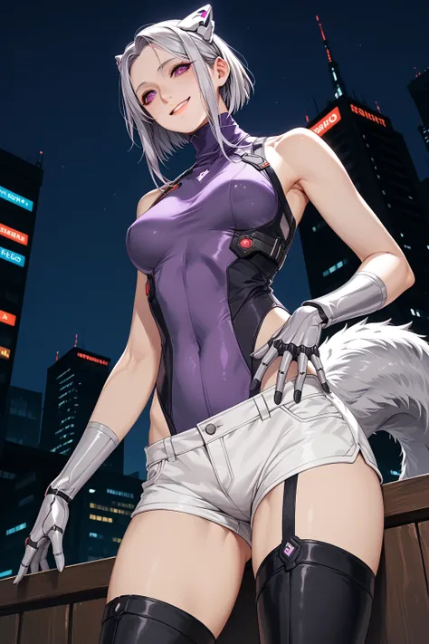  best image quality、  Masterpiece、  in ultra high quality、（Shooting Resolution ：1.4）、  in ultra high qualityシネマ、 bottom view、  Cyberpunk Night City 、  girl、  silver hair twin tail、SILVER SHORTS 、whole body、smile、Character 1 person、  purple eyes、  metallic ...