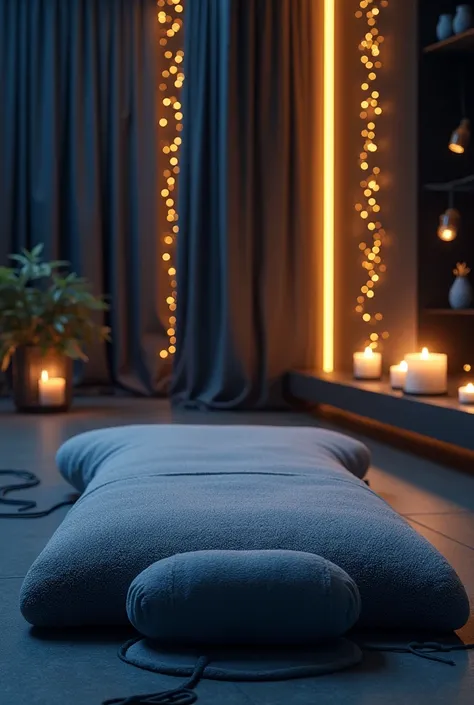 A massage mat, curtains, gold led lighting, with dark blue and gold decoration in the environment 