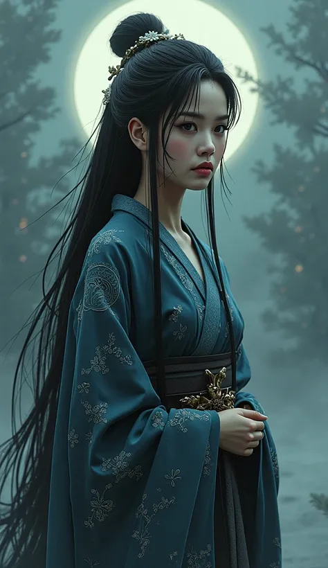 A highly realistic and detailed depiction of Izanami-no-Mikoto, a goddess from Japanese mythology. She is portrayed in a mystical and divine setting, embodying both beauty and solemnity. Her long, flowing black hair is slightly wet, hinting at her connecti...