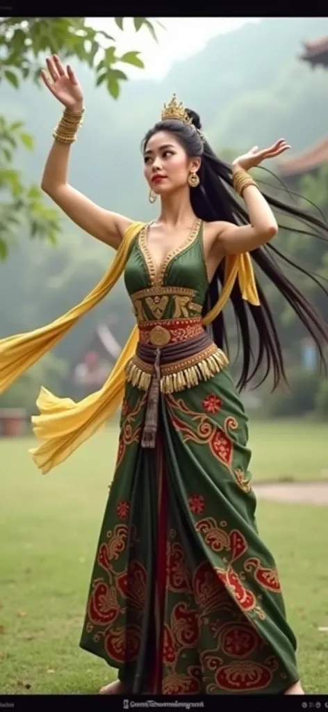 A beautiful Javanese girl dancer, long black hair wearing a golden tiara and a traditional green kemben, open shoulders, wearing a dark green motif batik, long yellow scarf on her shoulders, wearing traditional shoes (Fullbody visible) 