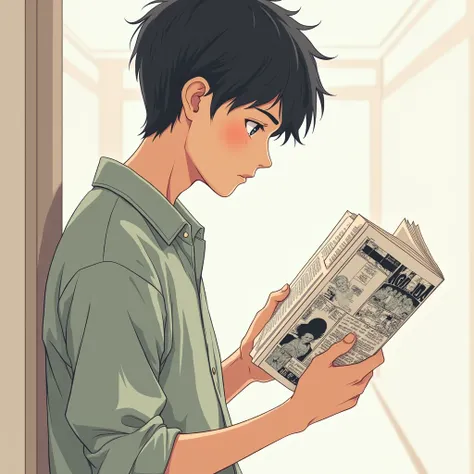 Side view of a male high school student reading a comic book like a Japanese illustration