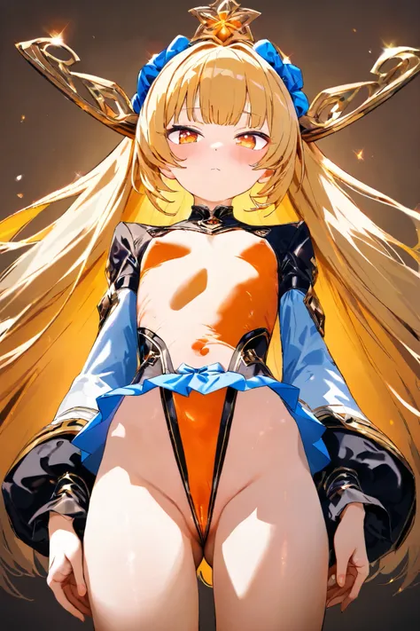 NSFW, Masterpiece, top quality, high resolution, very detailed, girl, Golden Hair , long hair, orange eyes , small tits,魔法 girl, leotard, high leg , micro mini skirt, detachable sleeves with crotch