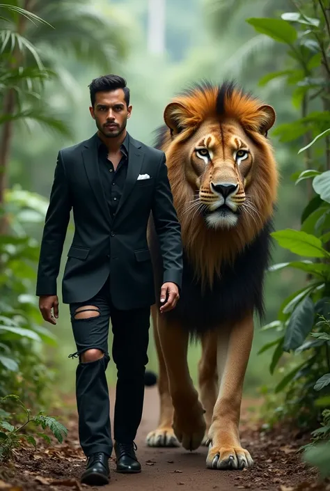 A handsome Indonesian man wearing a black suit and black pants torn to the knees is smoking walking with a fierce giant lion tail walking side by side camera live jungle background