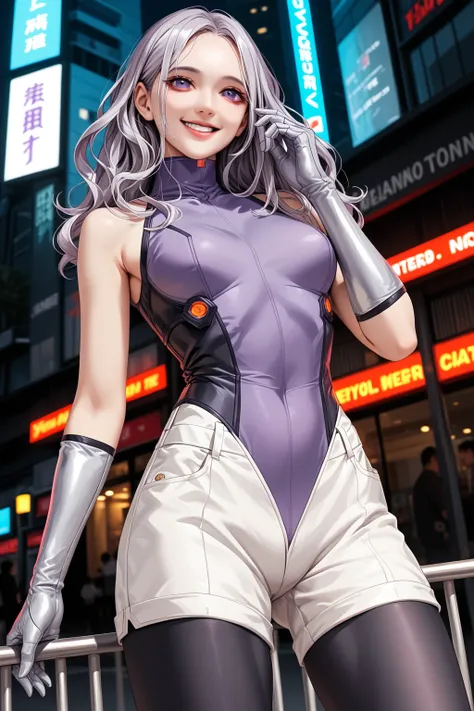   best image quality、   Masterpiece、   、（Shooting Resolution  ：1.4）、   cinema、 Bottom View、   cyberpunk night city  、   girl、   silver wavy hair 、SILVER SHORTS  、whole body、smile、1 Character 、    Purple Eyes、   metallic purple high neck leotard、   silver o...