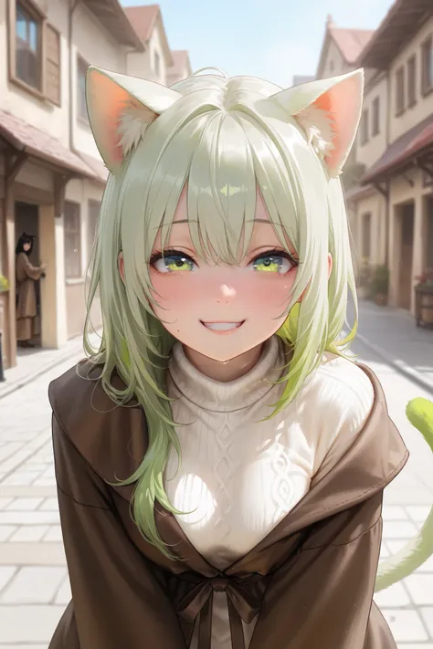 masterpiece, best quality, detailed eyes, semi realistic, 8k, girl,white sweater, brown robe with gold secondary color, looking at viewer, fantasy, street background, left girl is long mint hair, deep green eye, cat ears, cat tail, clumsy, cutie face, smil...