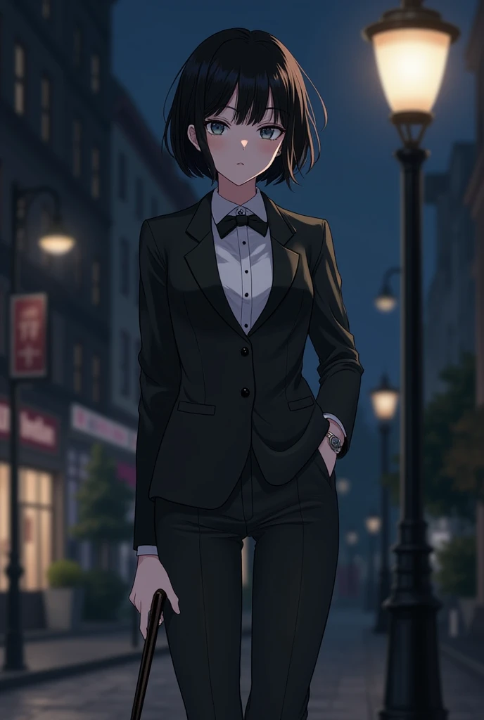  black hair,White Eyes, unkempt short hair ,Her bangs become cross , neutral, beautiful girl, Handsome Girls, pure white skin, curvy figure , boyish,cool,Inorganic face , Height, Shrimp, small breasts, adult woman,Dark fantasy atmosphere,Tuxedo,Tuxedoの上にロン...