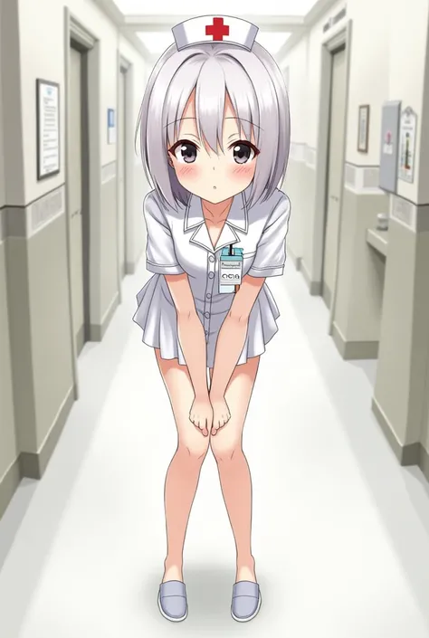 1girl, solo, clinic, busy situation(short hair, straight hair, hair between eyes, black eyes, black eyeliner, blush on face, closed mouth, ), (nurse costume, short dress, short sleeves, tag on chest, holding files), thighs, knees, leaning forward, slippers...