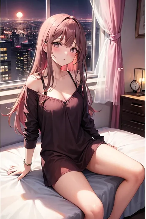 a 18 year old girl in bed, pink sexy sleeping clothes, (long brown hair), pink earring, a window view of the city behind the bed (its night)