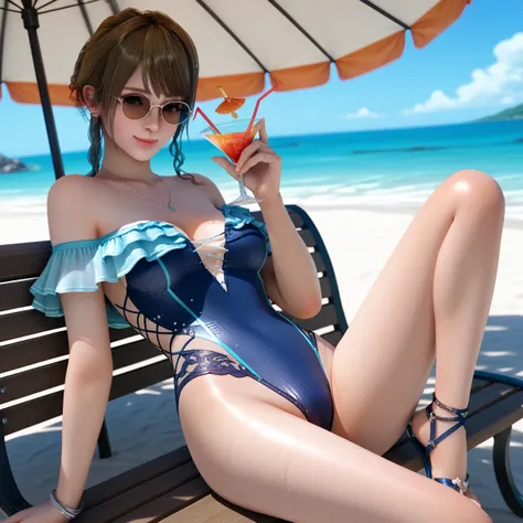 Monica, Full Body, (off-the-shoulder tubeless, silky lace, high-leg, chest and abdomen cut-out swimsuit, swimsuit color is drawn randomly), resort beach, bench, beach umbrella, sexy, sunglasses, blue Hawaii cocktail, cocktail glass, score 9, score 8_up, sc...