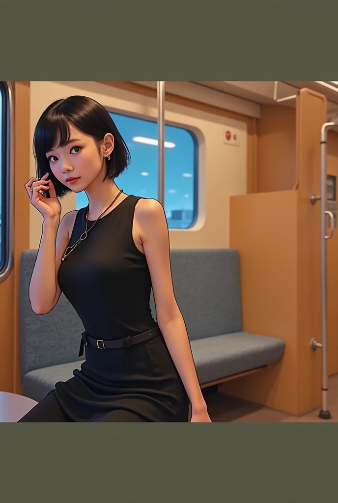  RAW photos 、 top quality、 Masterpiece、Realistic、 Japanese woman、Age 25、 black hair、 short bob cut 、Three-quarter length hair 、 hair that hangs over one ear、 symmetrical eyes、 pale skin on a street car、Back view、Gel Nails、Mr.々 Poses 、 Accessories、Mr.々 Pose...