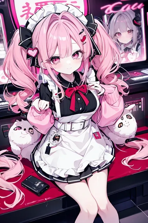  in the seat,  highly detailed faces at a pachinko parlor,  white skin, long eyelashes,  red lips,  pink eye,   medium hair ,  light pink hair ,  Medium Hair ,   twin tails,  curly hair ,  large accentuated breasts, Long sleeve maid outfit,  off shoulder, ...