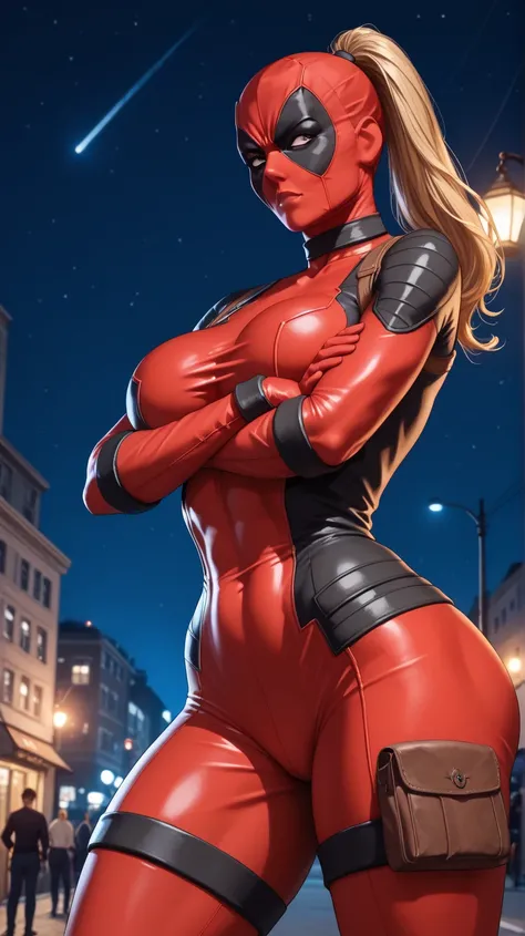 score_9, score_8_up, score_7_up, 1girl, solo, LadyDeadpool, bodysuit, blonde hair, ponytail mask, mask, sexy body, sexy pose, crossed arms, massive breasts ((bust ratio: 86DD)), flat abdomen, small hips, massive thick ass, thick thighs, thick legs, standin...