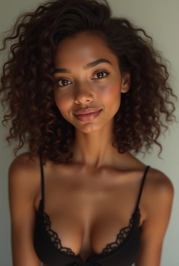 Create a very natural face image of a 19-year-old woman,  brown skin, curly shoulder length hair and light brown eyes and a fleshy mouth wearing a black bra