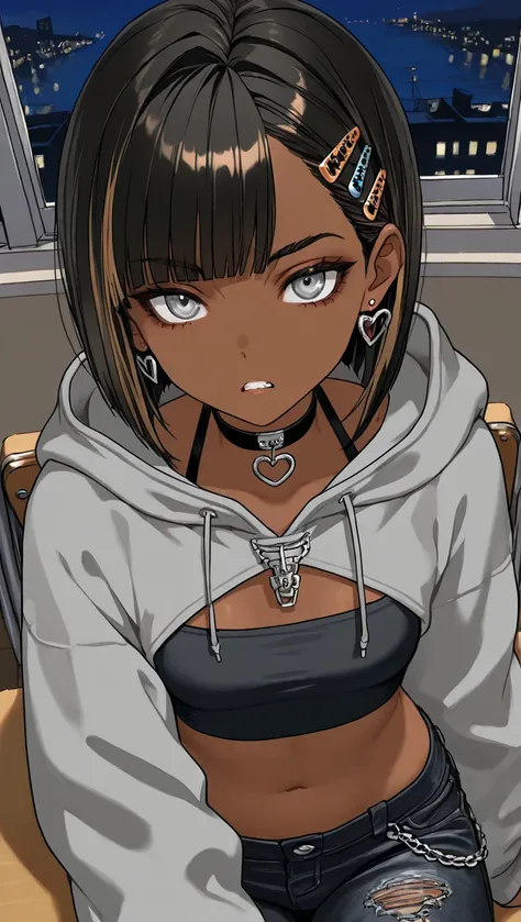 1Girl, Mature, Ebony, African American, Dark Skin, Jet Black Short With Brown Highlights, Bob-Cut, Silver Grey Eyes, Medium Chest, Black Halter Crop-Top, Black Cropped High-Cut Hoodie, Black Ripped Jeans, Jewelry, Heart Earrings, Black Hair Clips, Black Ch...