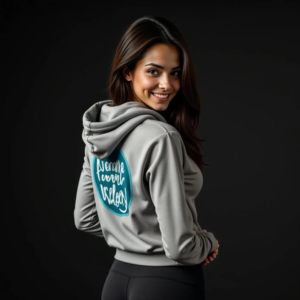 ( masterpiece,  highest quality , 12k, 8K,  Photorealistic,  from behind,  American plan)  beautiful SofiLobos looking to the side smiling,  modeling a gray hooded sweatshirts,  on the back light blue text "Femme Wolf "  inside a circle with feminine lette...