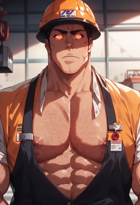 Isshin Kurosaki, construction worker, safety vest, safety helmet, shirtless, muscular, muscles, broad shoulders, massive pecs, sweaty, hairy chest, glowing spiral in the eyes, blank expression, vacant stare, hypnotized, brainwashed, focused, High Resolutio...