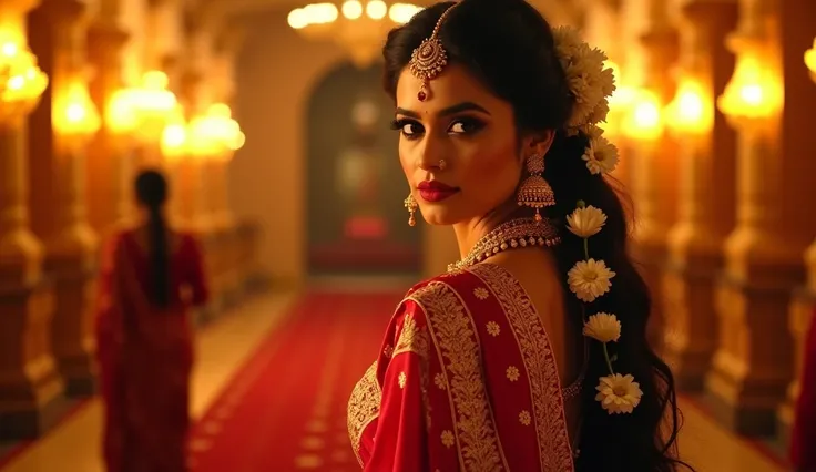 "Princess Vijaya enters the grand royal hall, draped in an exquisite bridal-red saree with intricate gold embroidery. She wears heavy gold jewelry, her long, dark hair braided with jasmine flowers. Her eyes are lined with kohl, and she exudes unmatched gra...