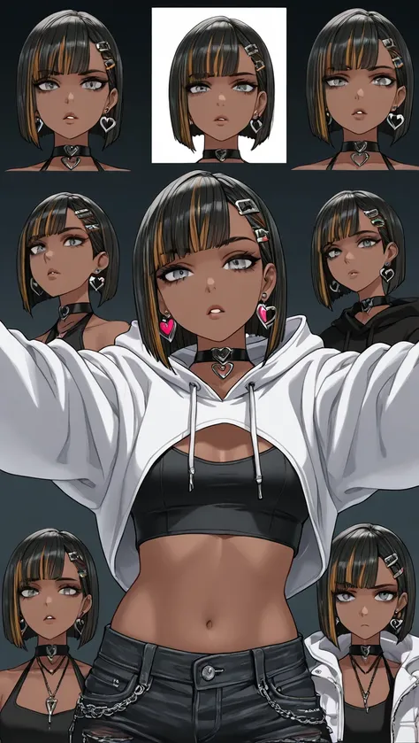 1Girl, Mature, Ebony, African American, Dark Skin, Jet Black Short With Brown Highlights, Bob-Cut, Silver Grey Eyes, Medium Chest, Black Halter Crop-Top, Black Cropped High-Cut Hoodie, Black Ripped Jeans, Jewelry, Heart Earrings, Black Hair Clips, Black Ch...