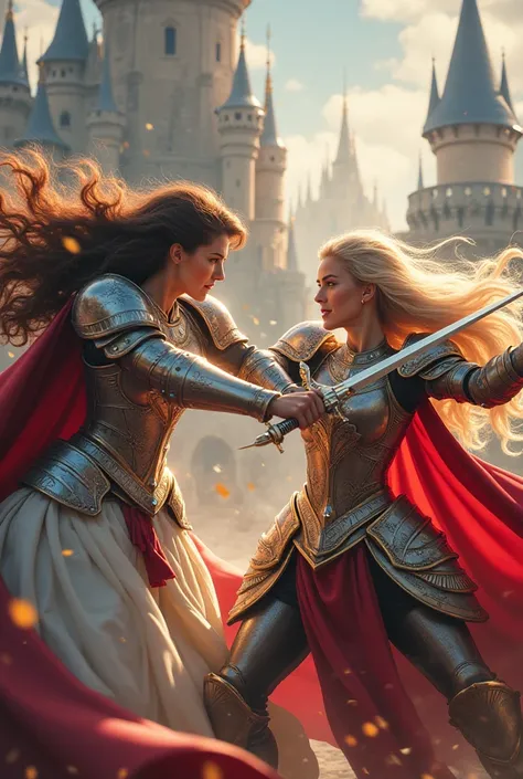 Disney princesses in armor fighting against each other, Disney princesses, beautiful, castle backdrop, very beautiful, high quality, high definition, sexy