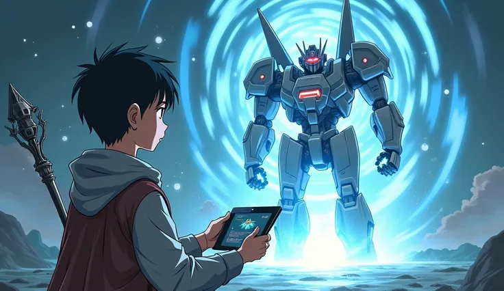 Japanese animation art. A futuristic young boy magician is summoning a powerful battle robot with his magic. He holds a metallic staff in one hand, glowing with arcane energy, while his other hand operates a tablet device with an installed spellbook. A mas...