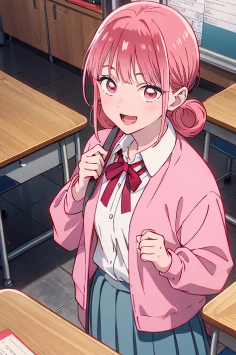 (from above:1.2,Best Quality),chono hina, Solo,pink hair, pink eyes, hair bun, anime screen shot, anime scene, pink cardigan, diagonal-striped bow, red ribbon, grey skirt, pleated skirt, collared shirt, white shirt, smirk, hand to own mouth, upper body, sc...