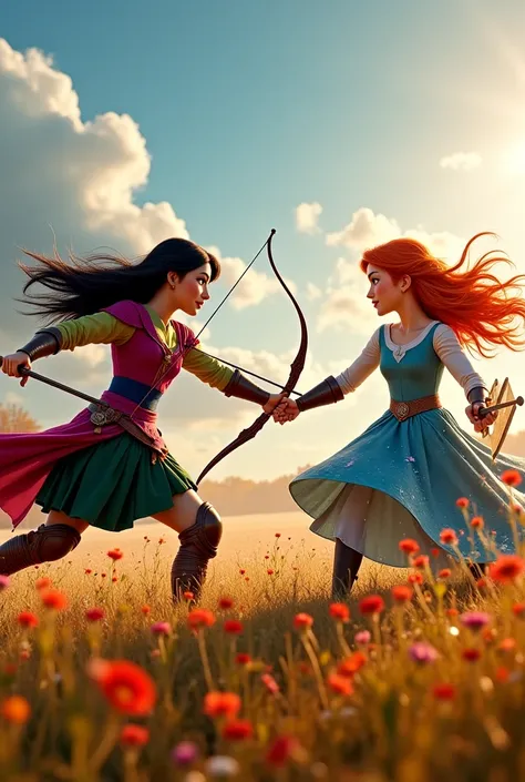 Mulan and Merida fighting against Elsa and Anna in a battle to the death, mulan in leather armor and bow, Merida in armor and sword, elsa in robes and ice magic, anna with sword and shield, fighting against each other, bloody battle, beautiful, sunny day, ...