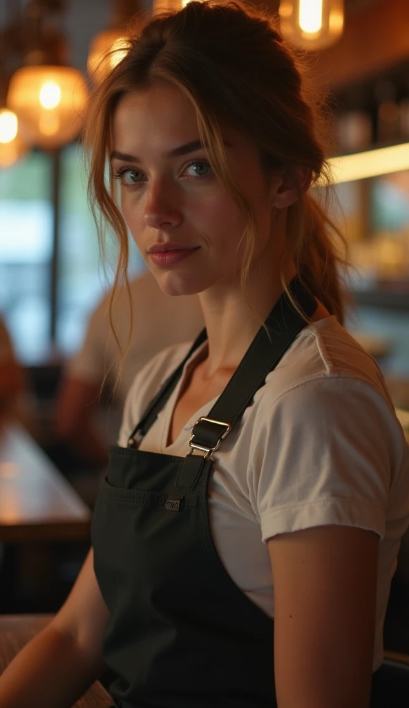 a sad-looking 26-year-old American waitress serving at a restaurant