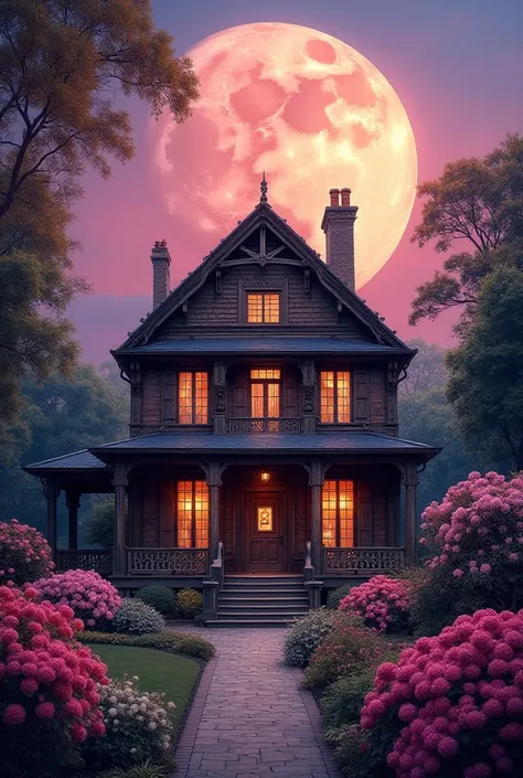 Very interesting art paintings in 8k, 4k quality Bright background of The rays of the full moon are round, mood painting, Three-storey house, model of a Dutch and English colonial garden house from 1945,The background of the rose garden, red, Pink purple t...