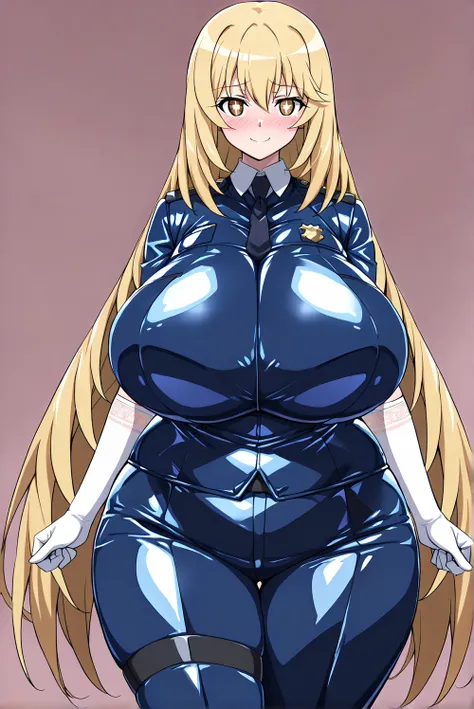 Shokuhou-Misaki,excessive heart,(in heat,embarrassed,blush,smile,),(gigantic huge busty,glamorous,plump,big hips,),(police uniform,pants,long sleeves,blue latex,elbow gloves,tight suits,),(standing at attention,hands at sides,solo,looking viewer,),no backg...