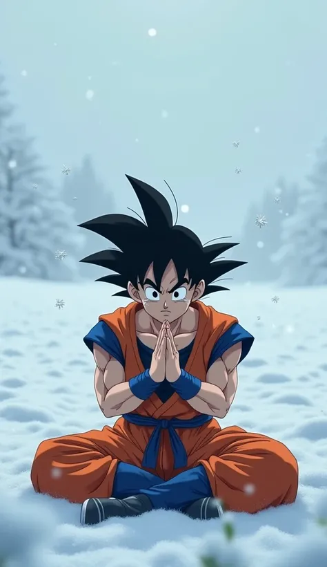 The Goku Is Sitting Down And Have Tears In Eyes And Joined Hands In Snow Area 