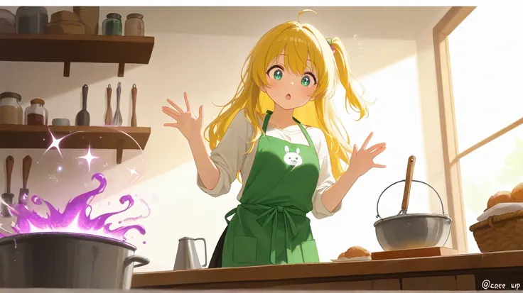 Anime style, cute witch girl with messy blonde hair and green apron, standing in a rustic workshop filled with magical potions and alchemical tools, looking slightly clumsy but determined, soft watercolor background, detailed magical atmosphere, soft light...