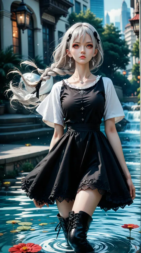 vampire,solo,lolita fashion,slim waist,long hair,single braid,Skin made of water,Silver hair,red_eyes,floating,arms crossed,serious,(((black sundress with round neck,white T-shirt bottom))),fine fabric emphasis,thigh boots,earrings,necklace,underboob,Iseka...