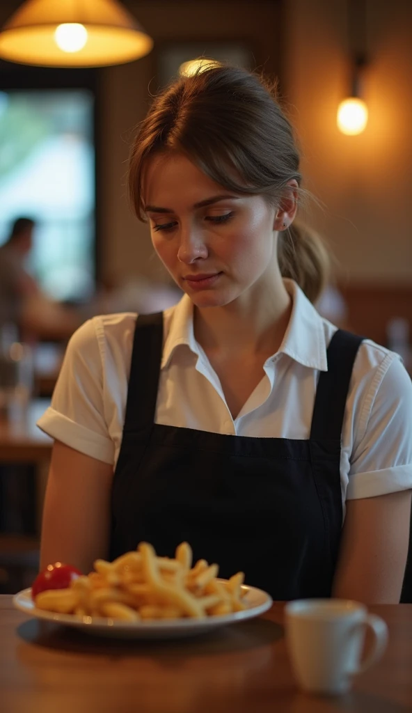 a 4k image of a 26-year-old American waitress looking crying sadly serving at a restaurant