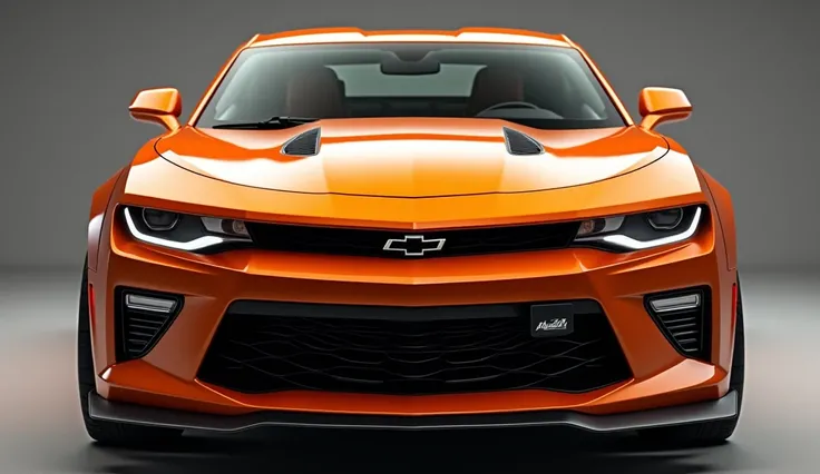 "An ultra-realistic image of the front side view end of a Dashboard view Chevrolet Camaro. The car features a large, imposing, and aerodynamic side design with a glossy Orange shiny exterior. The Dashboard view end has a wide, aggressive grille with intric...