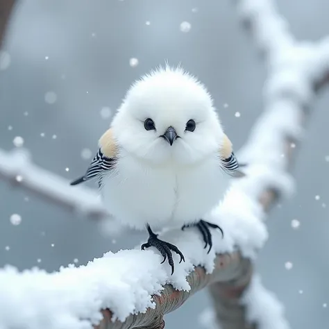 An albino long-tailed tit perched on a snow-covered tree branch; a small bird found in Hokkaido called the Japanese long-tailed tit; with round black eyes and a black triangular beak, part of the wing tip and tail feathers that are black, a perfectly round...